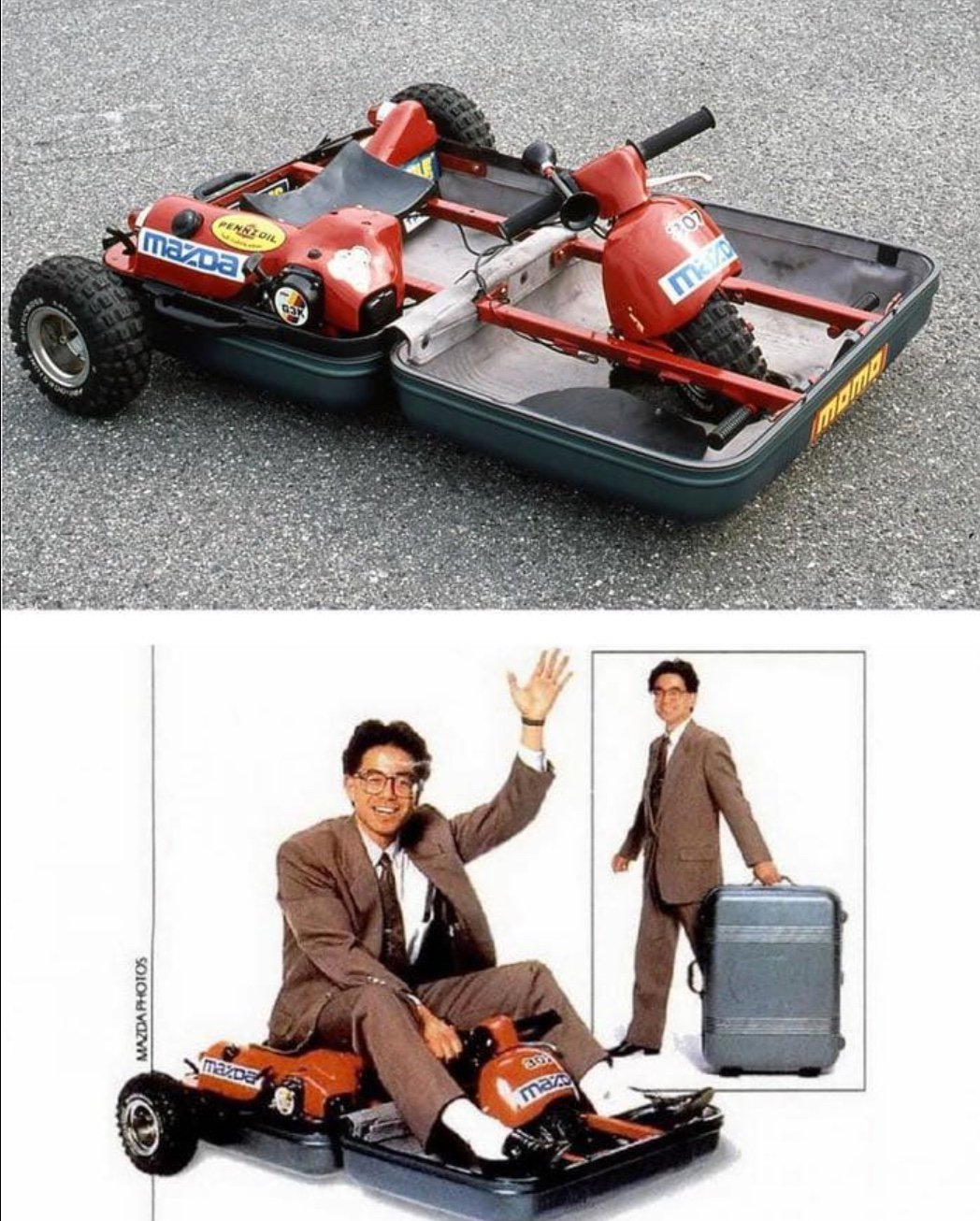 The meme is a play on the image of a person in a suit riding a go-kart, which is stored in a suitcase. The image is likely a joke about someone trying to "pack" or "carry" a go-kart in a way that's not practical. The text in the image is likely something like "I'm not carrying a go-kart, I'm just carrying a go-kart."